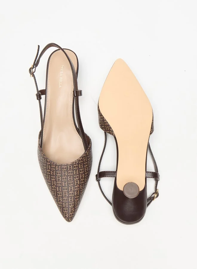 Flora Bella By Shoexpress Monogram Print Slingback Shoes with Kitten Heels and Buckle Closure