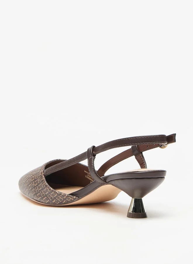 Flora Bella By Shoexpress Monogram Print Slingback Shoes with Kitten Heels and Buckle Closure