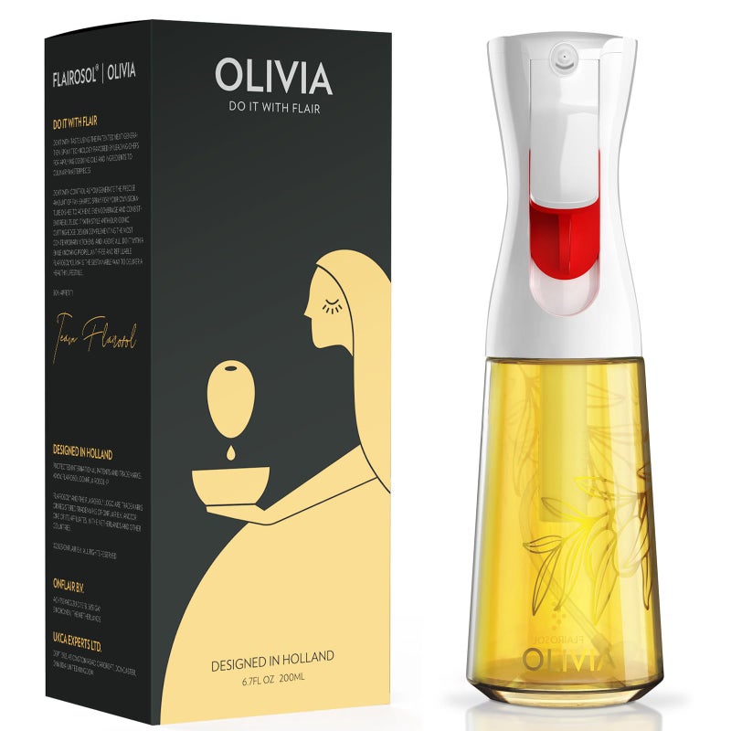 رذاذ زيت الزيتون FLAIROSOL OLIVIA للطهي 200 مل زجاجة رذاذ زيت الزيتون رذاذ طهي مستمر مع تحكم في الحصة موزع زيت الزيتون للمطبخ قلاية هوائية سلطة شواء أوراق ذهبية