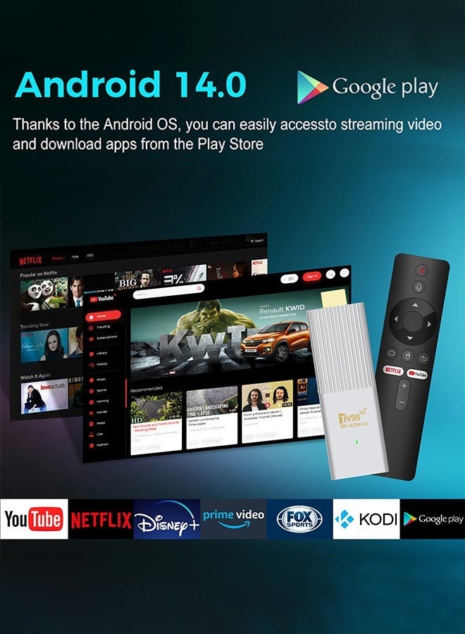 تلفزيون جهاز تلفزيون يعمل بنظام Android 14 مع جهاز تحكم عن بعد، جهاز فك التشفير للتلفزيون (16 جيجابايت + 256 جيجابايت)، جهاز بث فائق الدقة بدقة 8K، مشغل وسائط بث بلوتوث، مشغل وسائط منزلي - Image 3