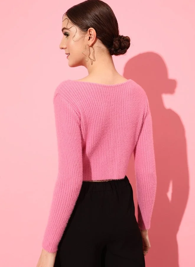 STREET 9  Pink Striped Acrylic Crop Cardigan for Women for Women | Best Price UAE