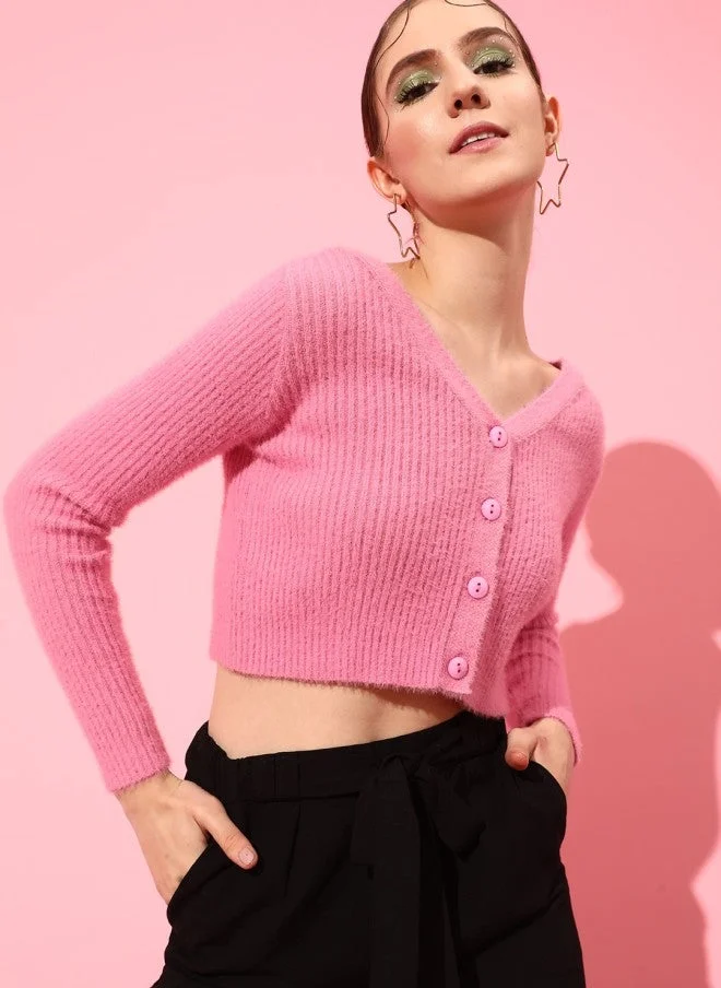 STREET 9  Pink Striped Acrylic Crop Cardigan for Women for Women | Best Price UAE