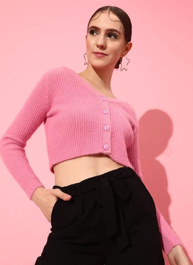 STREET 9 Pink Striped Acrylic Crop Cardigan for Women