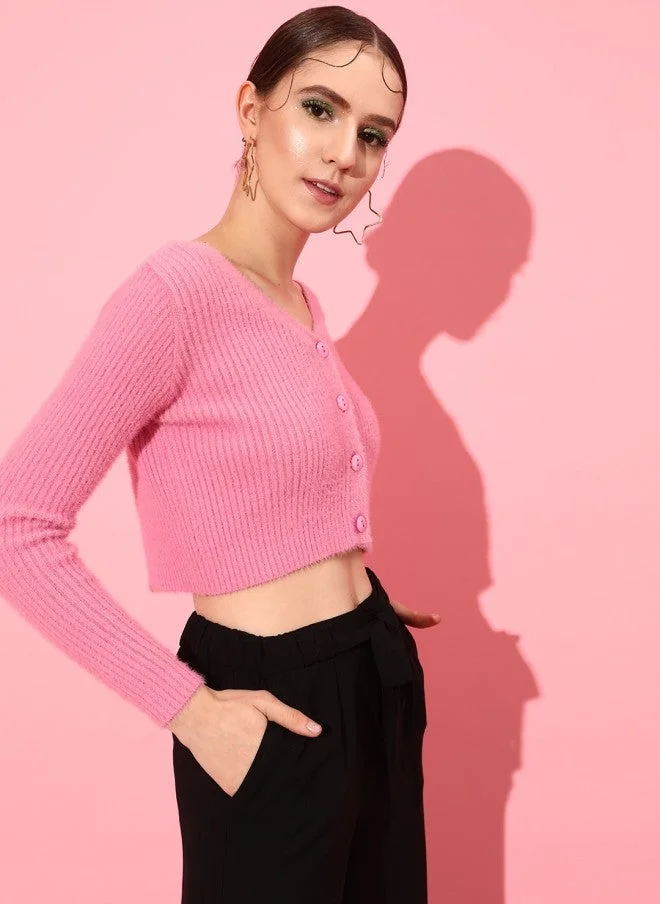 STREET 9  Pink Striped Acrylic Crop Cardigan for Women for Women | Best Price UAE