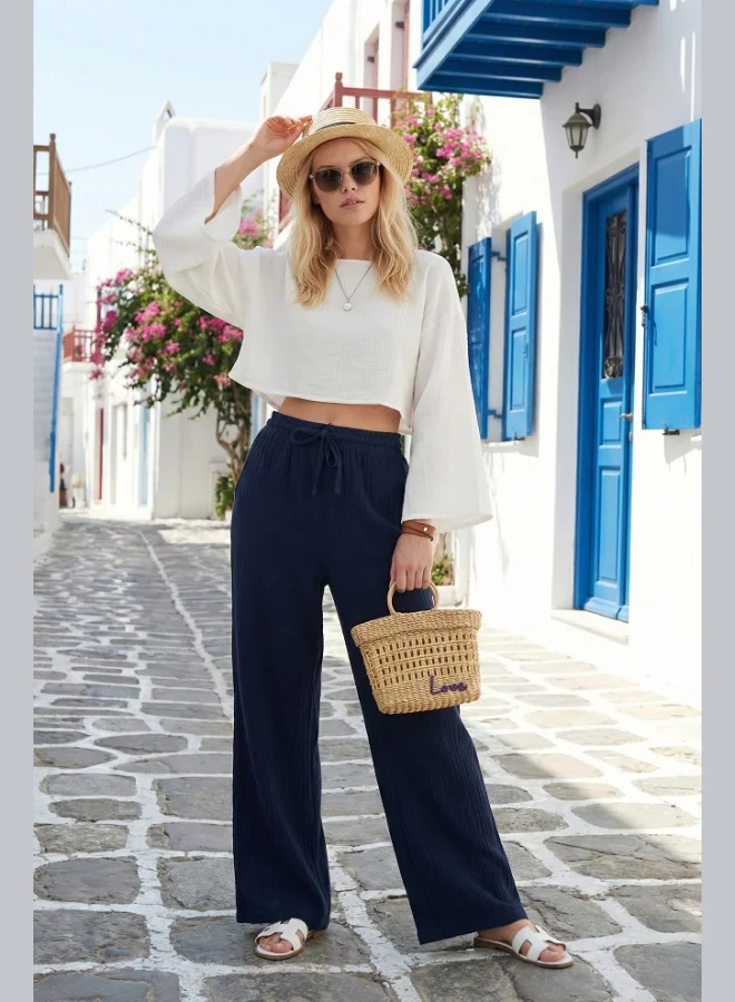 ليلا Lela Cotton Comfort Fit High Waist Wide Leg Trousers Women's Pants 668YP5540