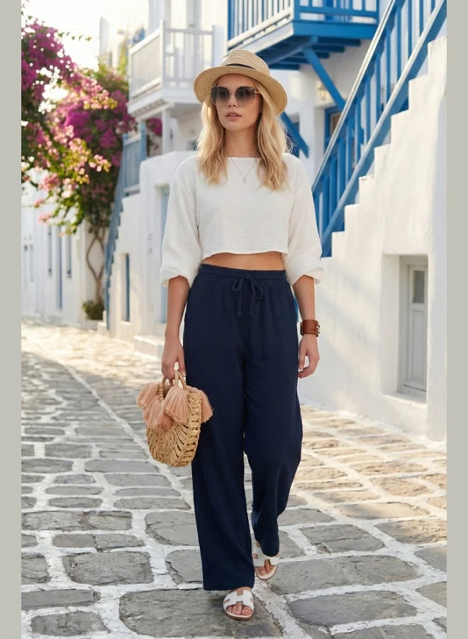 ليلا Lela Cotton Comfort Fit High Waist Wide Leg Trousers Women's Pants 668YP5540