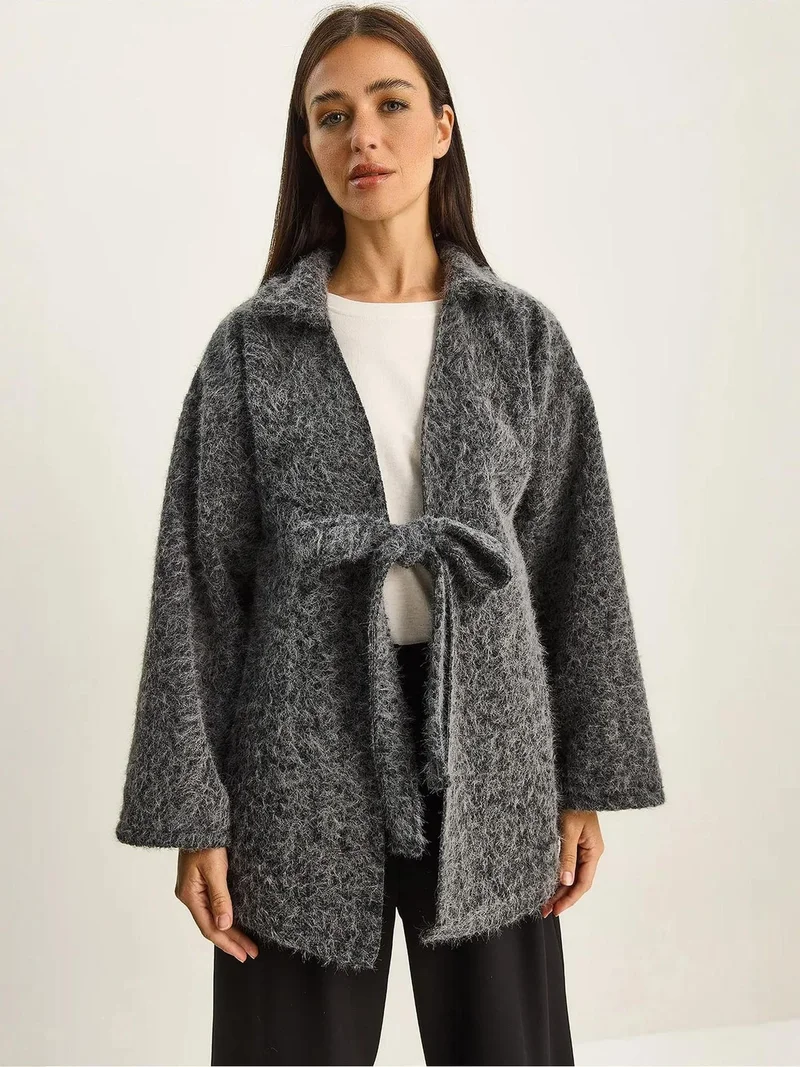 Bianco Lucci LUCCI Textured Oversized V-Neck Tie Closure Cardigan