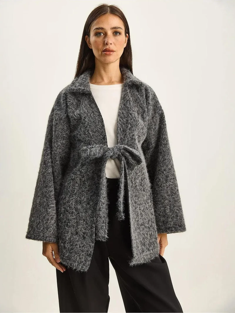 Bianco Lucci LUCCI Textured Oversized V-Neck Tie Closure Cardigan