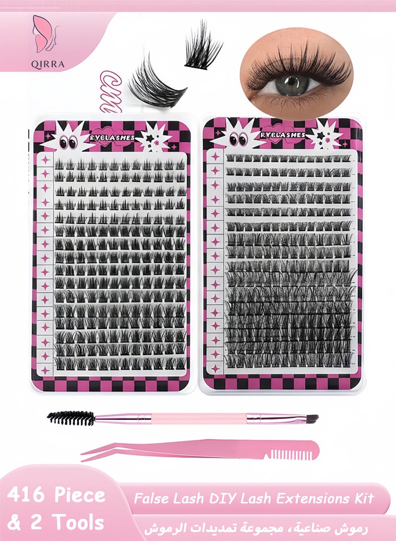 قِيرّا طقم تركيب رموش صناعية DIY - 416 قطعة رموش عنقودية مع ملقط، قابلة لإعادة الاستخدام، طبيعية وكثيفة بخمس أنماط - Image 1