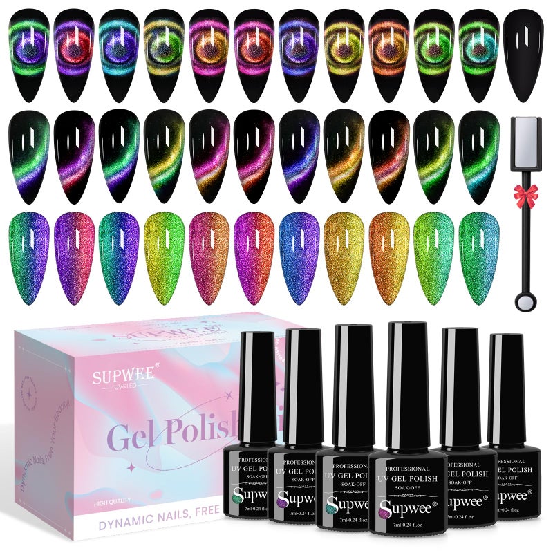 SUPWEE Cat Eye Gel Nail Polish with Magnet 9D Galaxy Cateye Manicure Soak Off UV DIY Salon Home Gift 12 Colors 7ml(0.24fl oz) - Image 2