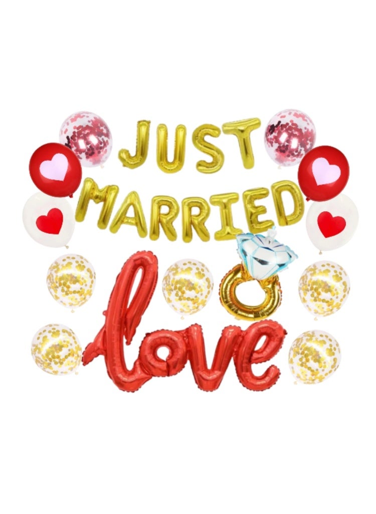 16inch Gold Just Married Foil Banner with Love Letter Balloons Set for Wedding & Bridal Shower Decoration - Image 1