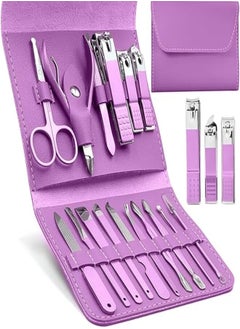 Generic Manicure Set, Manicure Pedicure Set, Professional Pedicure Kit for Men & Women, Stainless Steel Nail Clippers, Scissors & Grooming Tools with Luxury Leather Case, 16 in 1 (Purple) 
