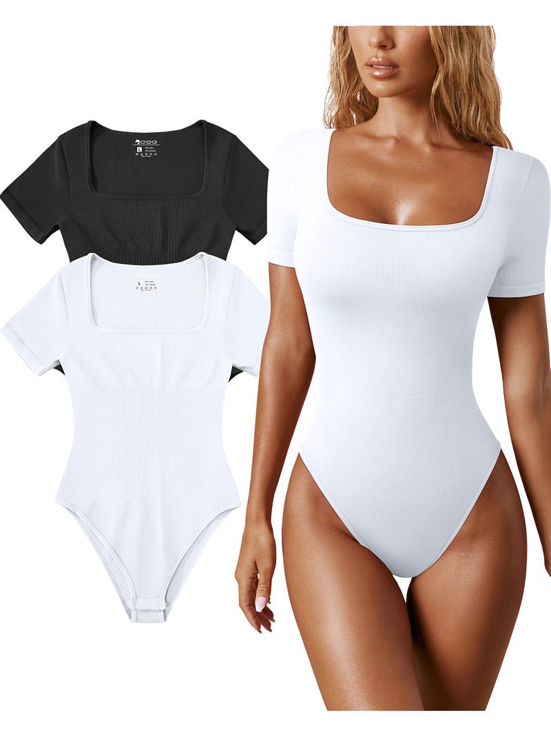 OQQ Women's 2 Piece Bodysuits Sexy Ribbed One Piece Square Neck Short Sleeve Bodysuits Black White - Image 1