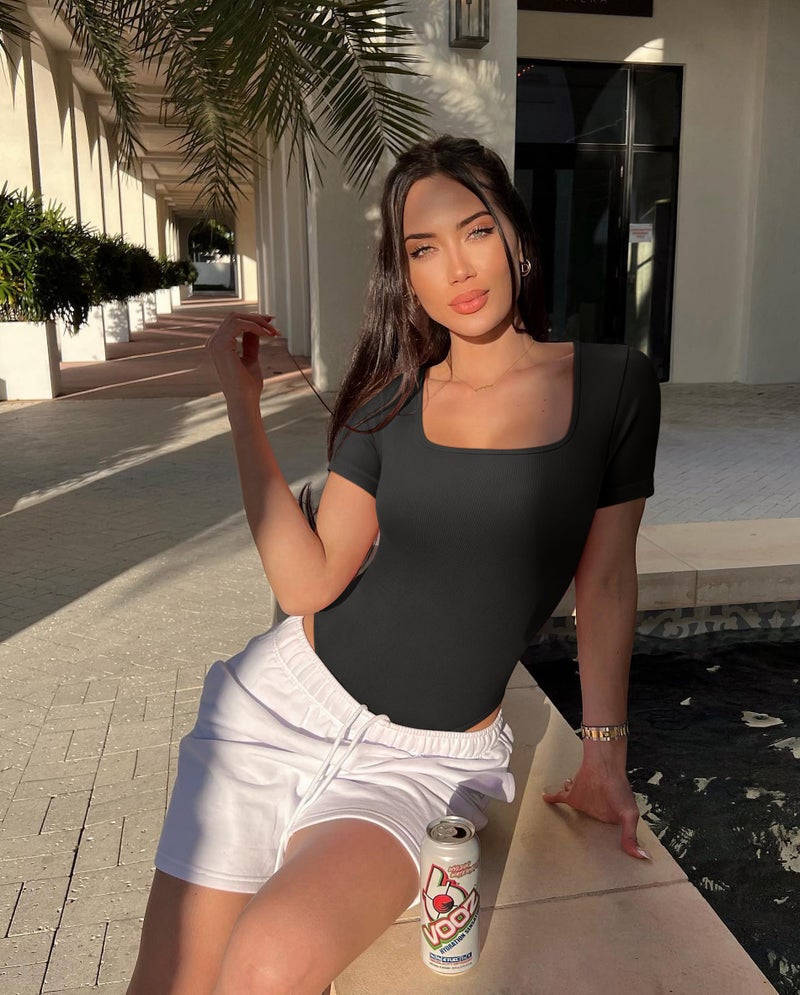 OQQ Women's 2 Piece Bodysuits Sexy Ribbed One Piece Square Neck Short Sleeve Bodysuits Black White - Image 3