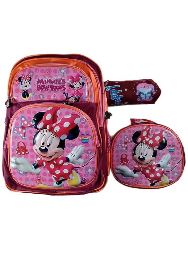 Generic School backpack 3 pieces for girls and boys 18 inch, mouse (burgundy + pink + orange)  - Image 1