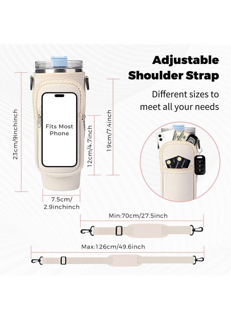 Water Bottle Carrier Bag for Stanley 40oz Tumbler, Water Bottle Holder with Pouch and Adjustable Strap, Sleeve Accessories with Pocket for 40oz Cup (White)  - Image 2