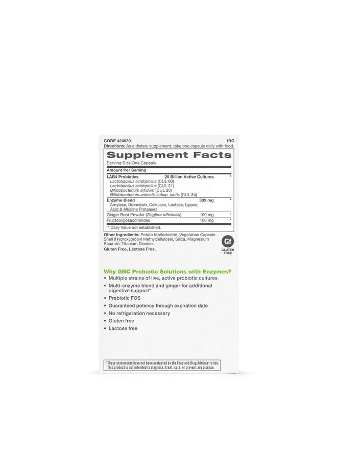 GNC Probiotic Solutions with Enzymes with 25 Billion CFUs, 30 Capsules, Daily Probiotic Support