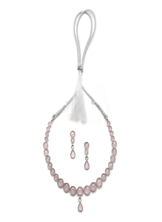 KENNICE Oxidised Silver-Plated Round American Diamond Studded Necklace with Earrings Jewellery Set for Girls and Women - Image 1