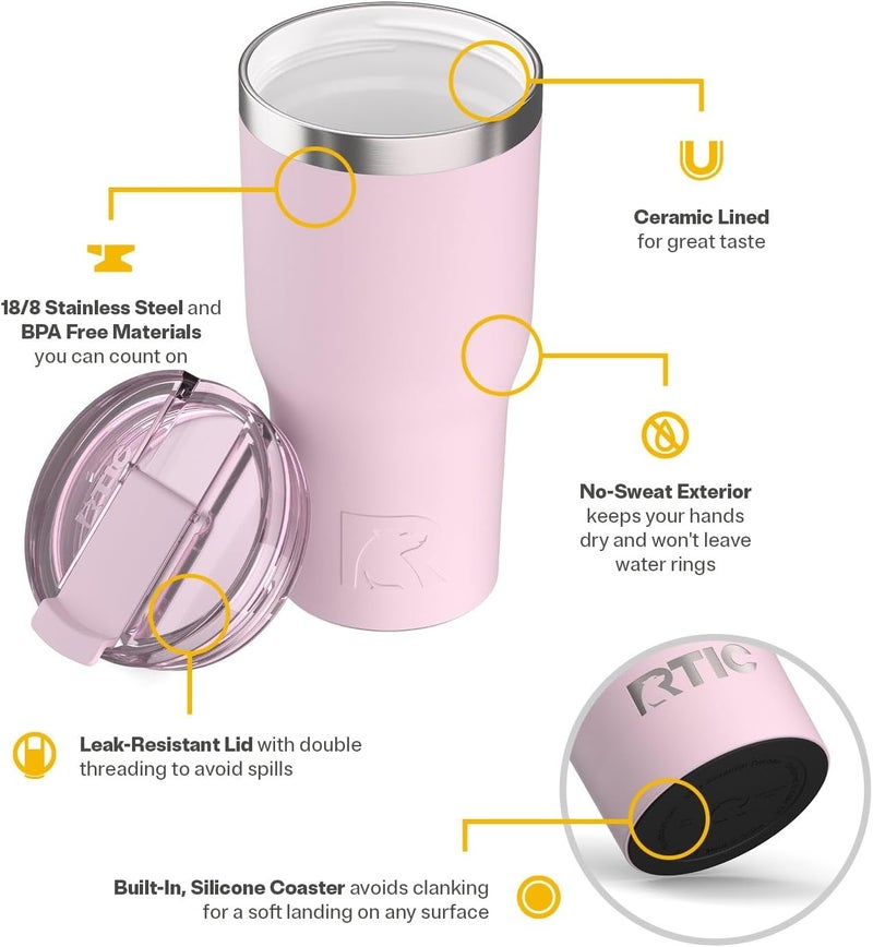 RTIC 30oz Essential Tumbler with Lid, Ceramic Lined, Insulated, Stainless Steel, Metal, Double Wall Vacuum-Insulation, Travel Cup for Iced Coffee, Tea, Hot and Cold Drink, Pale Pink - Image 2