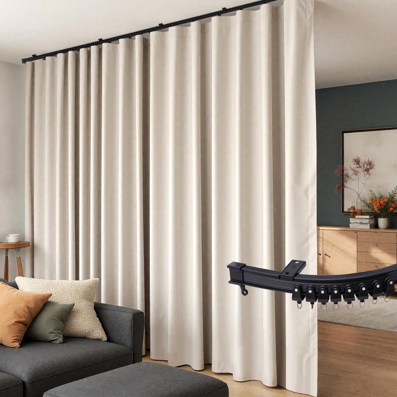 Room Divider Curtains Flexible Ceiling Tracks set Curtain track Ceiling Mount Blackout Curtain for Living Room Bedroom Ceiling Curtain Rod Privacy Dividers Panels W100 x H84 Beige Drape Black rail