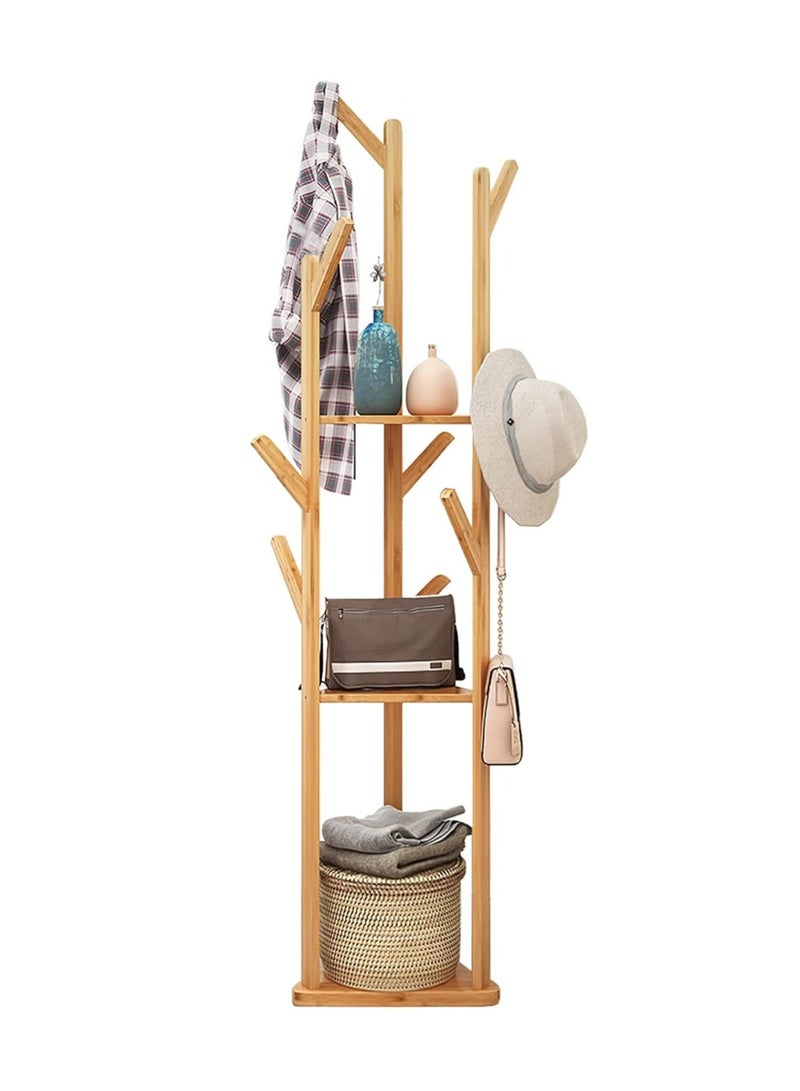 LUVODI Bamboo Coat Rack Stand Hall Tree Free Standing Corner Storage Clothes Hanger Rail with 8 Hooks 3 Tier Storage Shelf Large Space for Hanging Hats Scarves Handbags Placing Books Plants - Image 1