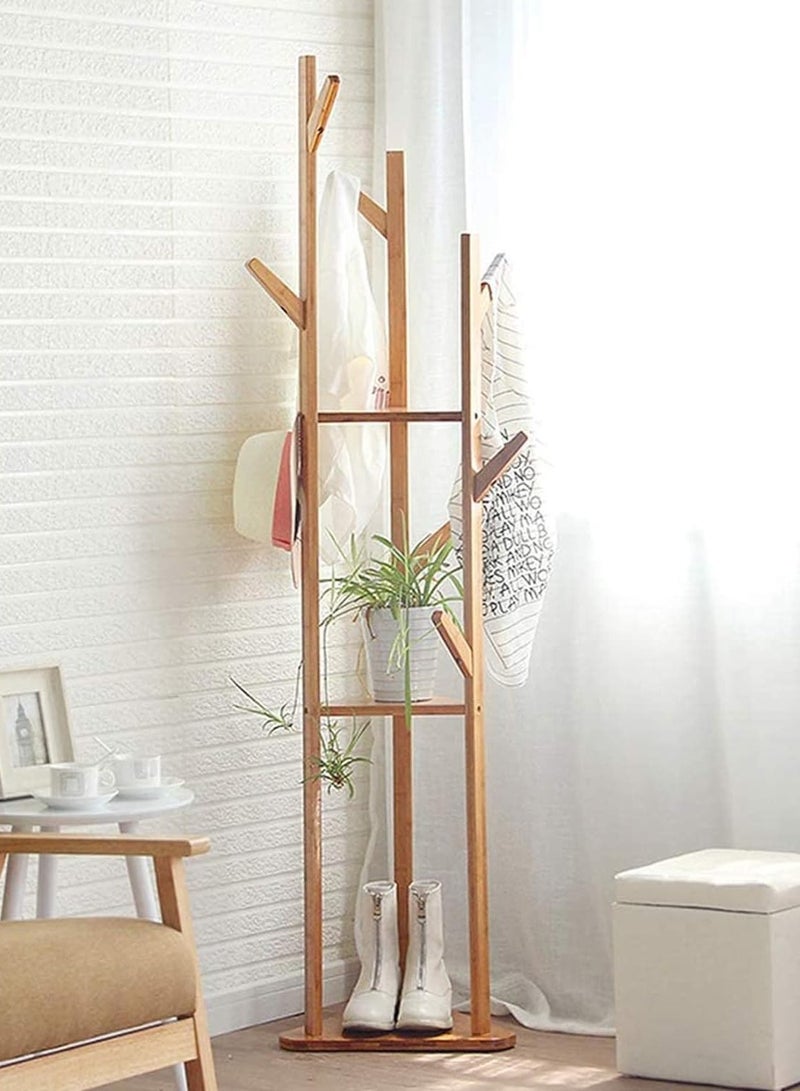 LUVODI Bamboo Coat Rack Stand Hall Tree Free Standing Corner Storage Clothes Hanger Rail with 8 Hooks 3 Tier Storage Shelf Large Space for Hanging Hats Scarves Handbags Placing Books Plants - Image 2
