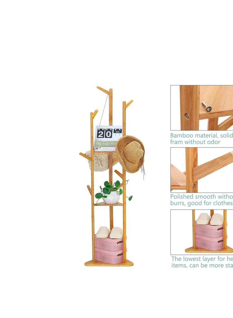LUVODI Bamboo Coat Rack Stand Hall Tree Free Standing Corner Storage Clothes Hanger Rail with 8 Hooks 3 Tier Storage Shelf Large Space for Hanging Hats Scarves Handbags Placing Books Plants - Image 5
