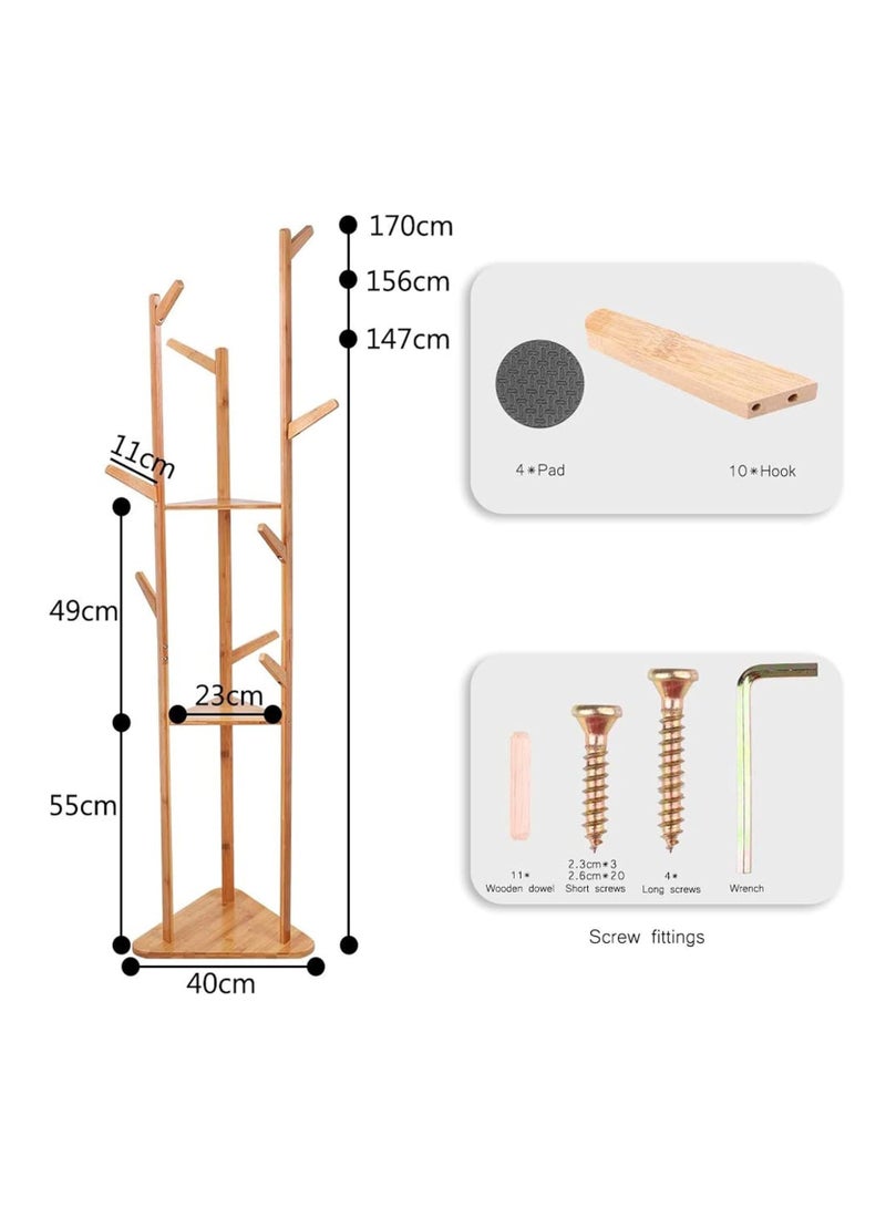 LUVODI Bamboo Coat Rack Stand Hall Tree Free Standing Corner Storage Clothes Hanger Rail with 8 Hooks 3 Tier Storage Shelf Large Space for Hanging Hats Scarves Handbags Placing Books Plants - Image 4