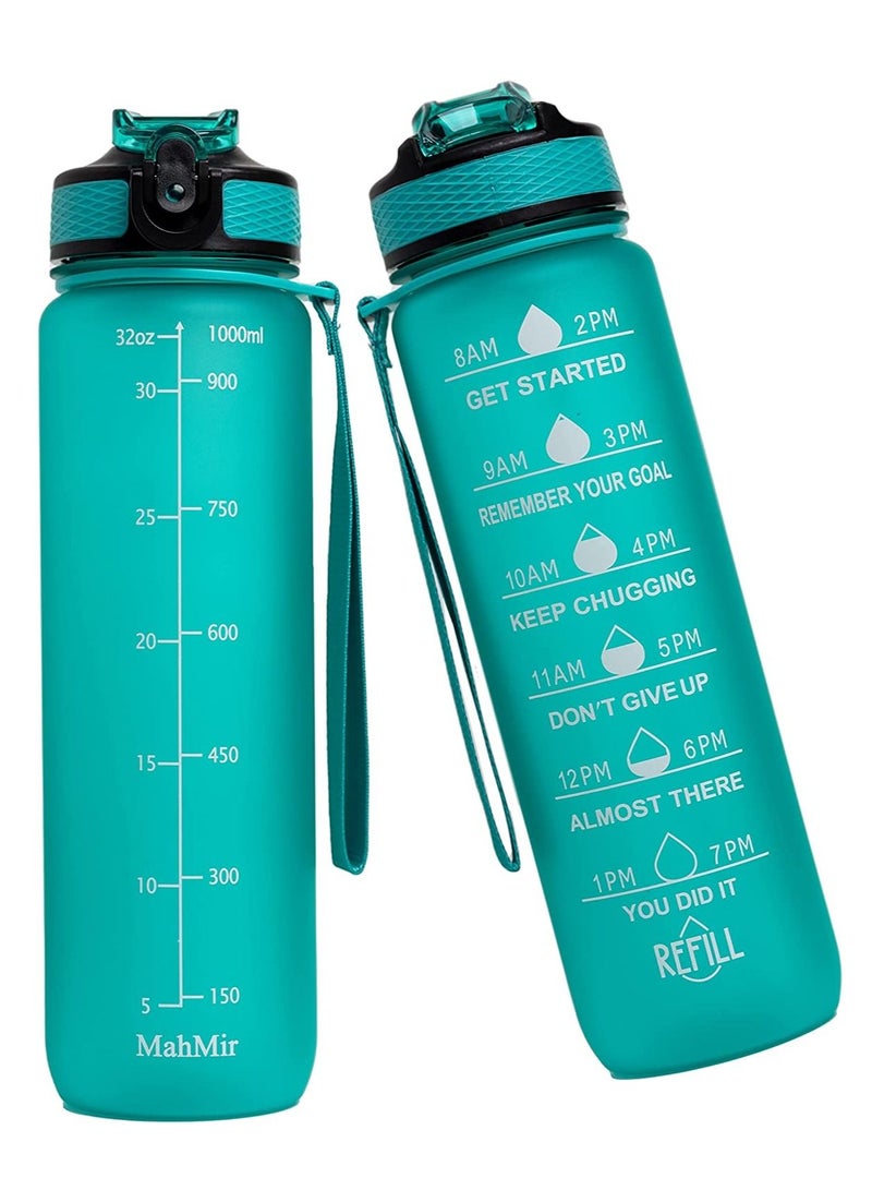 MahMir Water Bottle 1L with Time Marker Straw Strainer Tritan BPA Free for Fitness Gym Outdoor Sports By MahMir Mint Green - Image 1