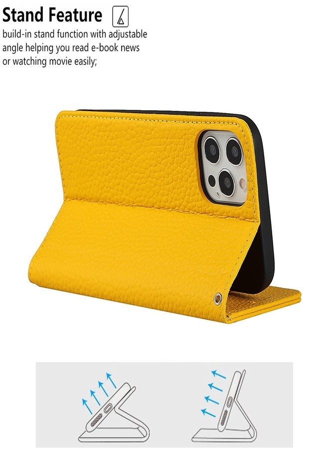 iCoverCase Compatible with iPhone 12 Pro Max Wallet Case with Credit Card Holder and Wrist Strap, RFID Blocking Genuine Leather Flip Magnetic Phone Cover 6.7 Inch (Yellow) - Image 5