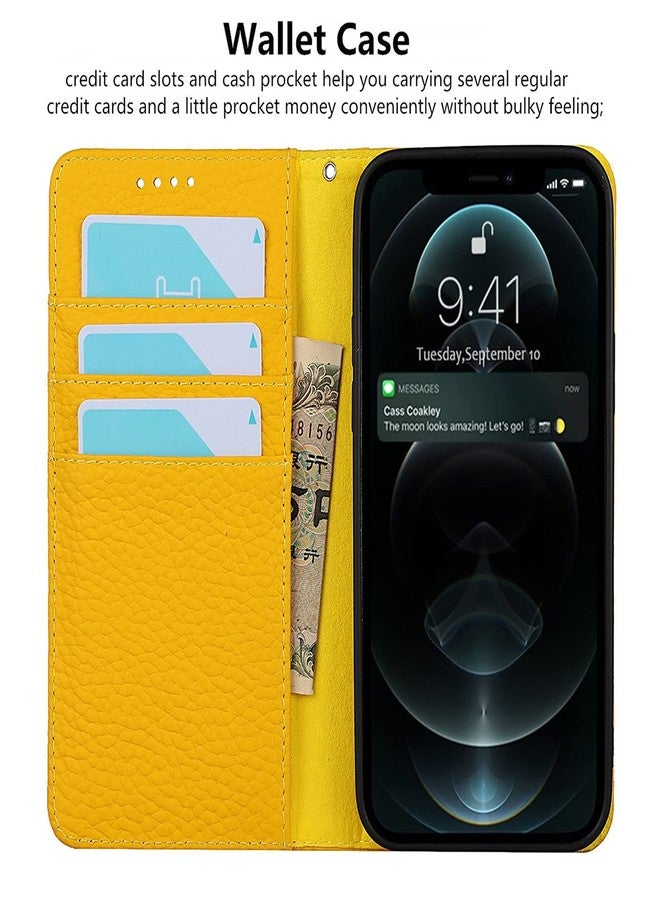 iCoverCase Compatible with iPhone 12 Pro Max Wallet Case with Credit Card Holder and Wrist Strap, RFID Blocking Genuine Leather Flip Magnetic Phone Cover 6.7 Inch (Yellow) - Image 4