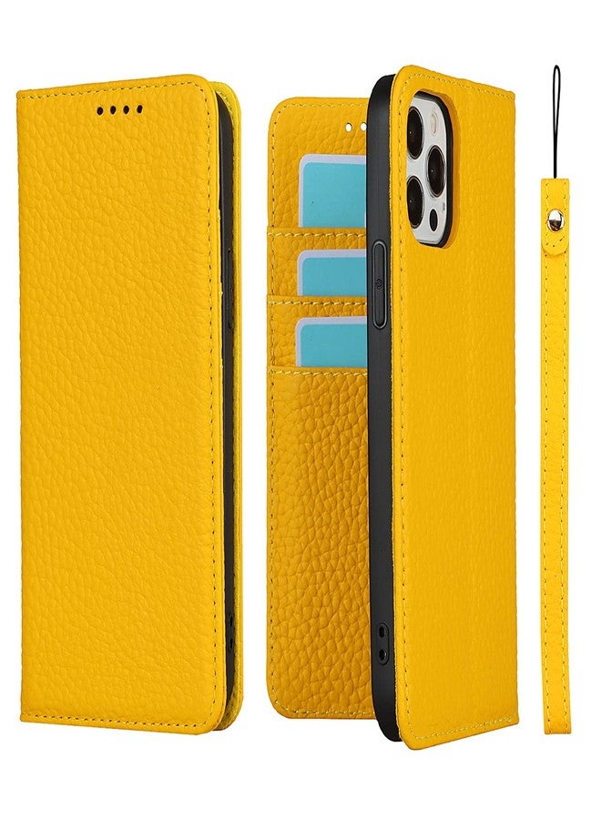 iCoverCase Compatible with iPhone 12 Pro Max Wallet Case with Credit Card Holder and Wrist Strap, RFID Blocking Genuine Leather Flip Magnetic Phone Cover 6.7 Inch (Yellow) - Image 1