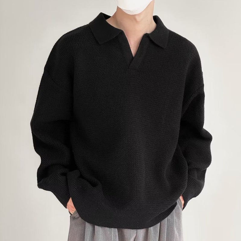 Fall Mens V-Neck Korean Sweater Casual Loose Knit Coffee