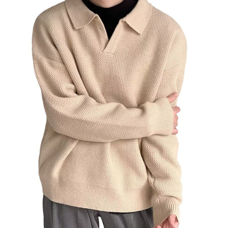 Fall Mens V-Neck Korean Sweater Casual Loose Knit Coffee