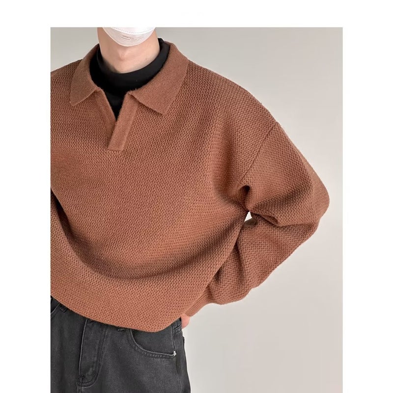 Fall Mens V-Neck Korean Sweater Casual Loose Knit Coffee