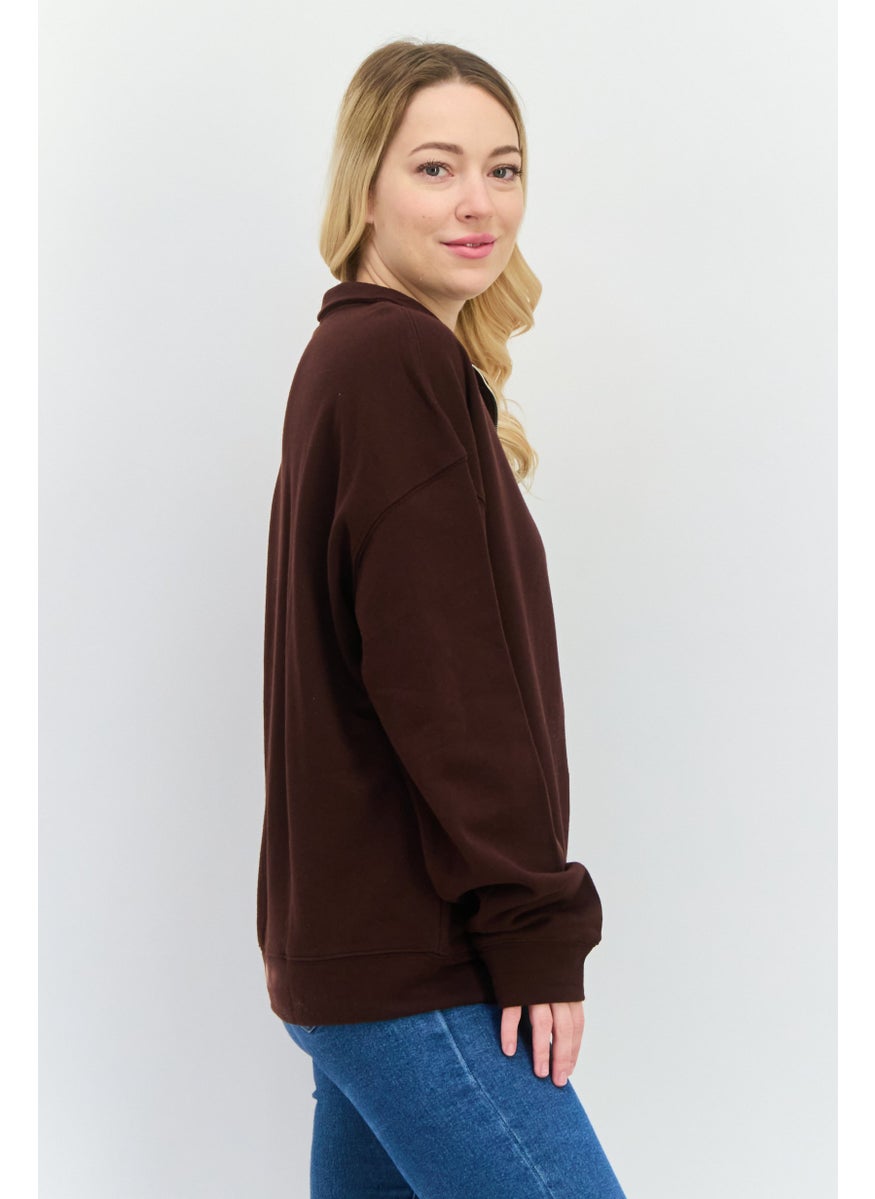 NIA Women High Neck Long Sleeves Solid Half Zip Sweatshirt, Dark Brown  - Image 2