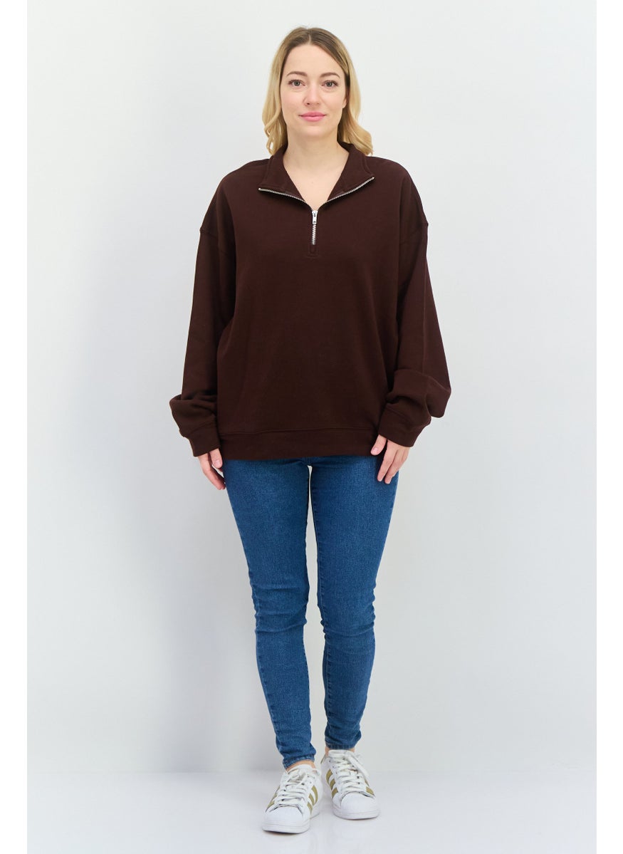 NIA Women High Neck Long Sleeves Solid Half Zip Sweatshirt, Dark Brown  - Image 4
