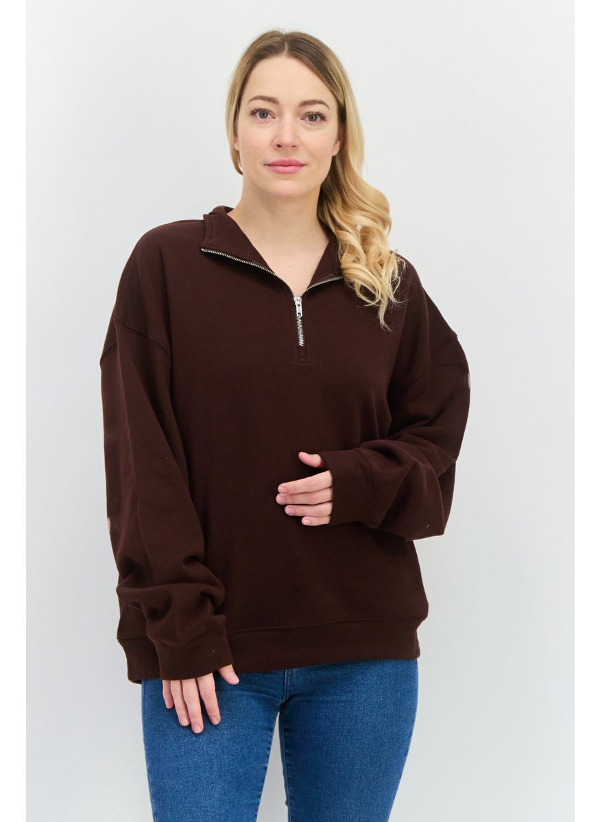 NIA Women High Neck Long Sleeves Solid Half Zip Sweatshirt, Dark Brown  - Image 1
