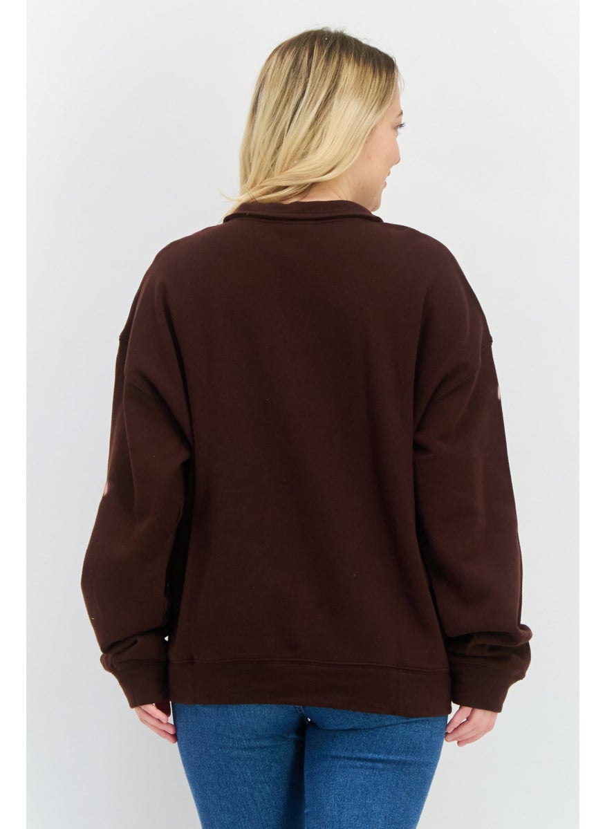 NIA Women High Neck Long Sleeves Solid Half Zip Sweatshirt, Dark Brown  - Image 3
