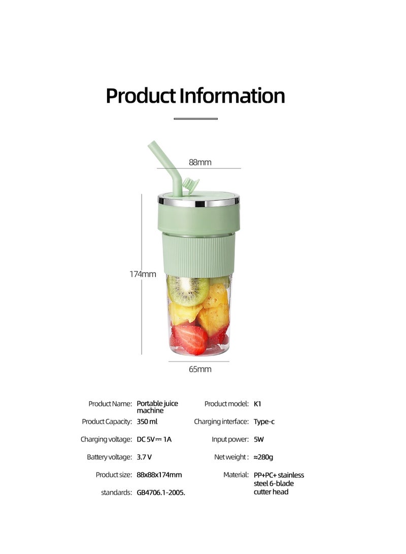 Portable Wireless Juicer Cup, 6 Stainless Steel Blades, with Straw for Direct Drinking, USB Rechargeable Dual Speed, Ice Crushing, Multi-functional Electric Blender for Home, Office, Travel, 350ML Large Capacity Creative Gift(K1-Green)  - Image 2