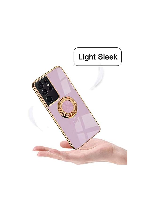 YoYoTech Luxury Silicone TPU Shockproof Ring Holder Kickstand Slim Plated Phone Case Cover for Samsung Galaxy S21 Ultra (Light Purple) - Image 2