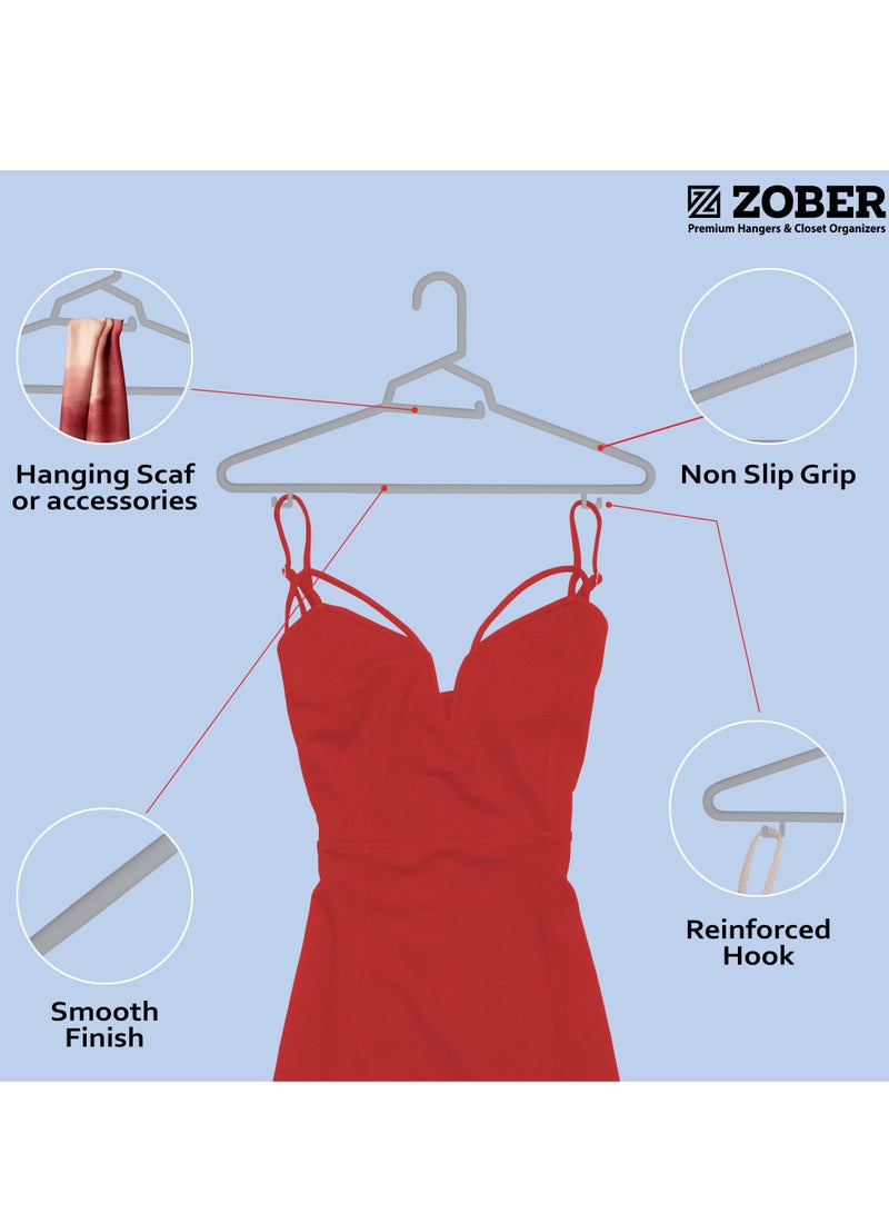 ZOBER Heavy Plastic Hangers with Strap Hooks, Non slip, Durable & Slim, Light-Weight Clothes Hangers For Coats, Jackets & Pants, Shirts, Dresses Hangs upto 10lbs (GREY, 50 PACK) - Image 2