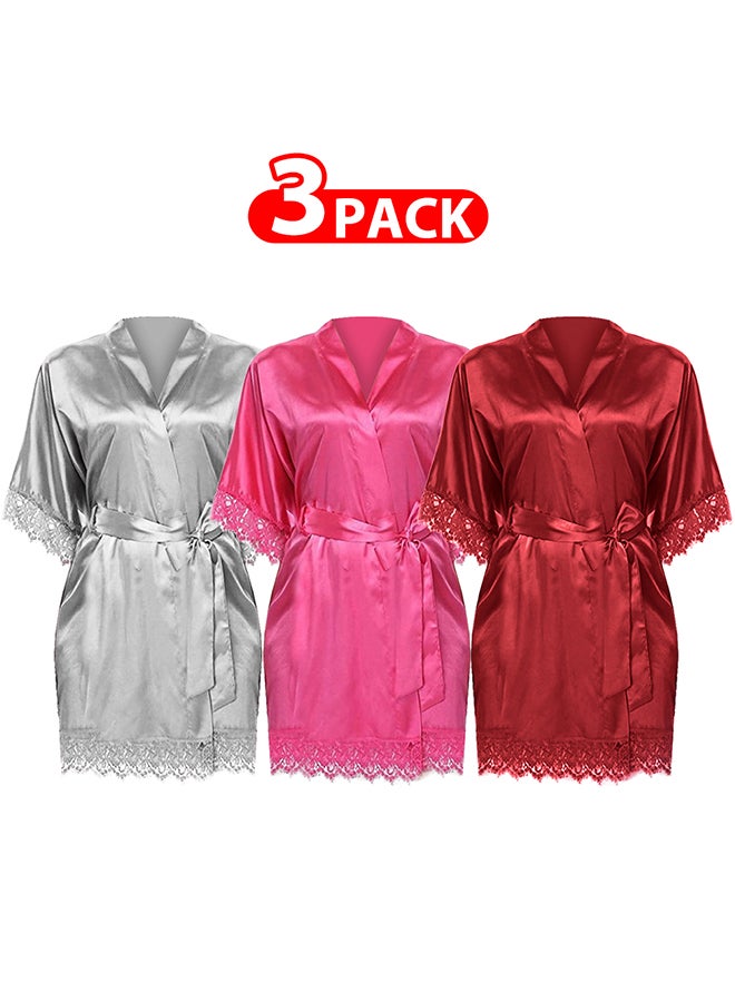 MARGOUN 3 Pack Large Size Women Satin Robe Belted Silky Robe Sleepwear Bridal Robe Kimono Lace Sleeve Nightgown /L(bust:84-88/waist:68-72) - Image 1