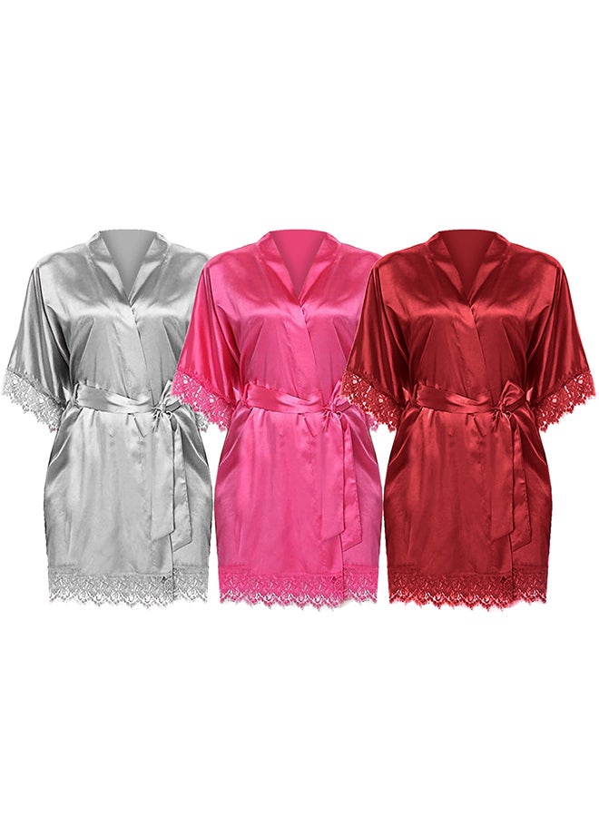 MARGOUN 3 Pack Large Size Women Satin Robe Belted Silky Robe Sleepwear Bridal Robe Kimono Lace Sleeve Nightgown /L(bust:84-88/waist:68-72) - Image 3