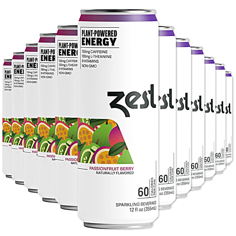 Zest Clean Energy Drink - Passionfruit Berry - 150mg Caffeine + 100mg L-Theanine - Natural Focus & Concentration Boost - Healthy Energy Drink 12oz Can 12 Pack - Low Sugar, No Artificial Sweeteners - Image 1