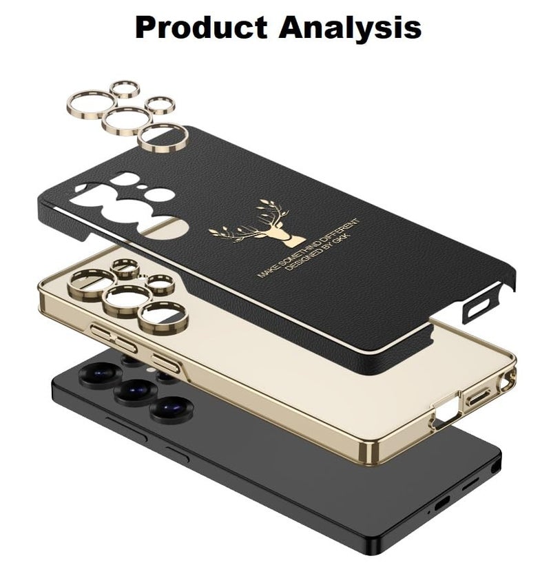Midkart Leather Case Compatible with Samsung Galaxy S25 Ultra Release 2025 with Electroplating Finish and Independent Camera Protection Cover, Pattern Fiber Black & Gold - Image 3