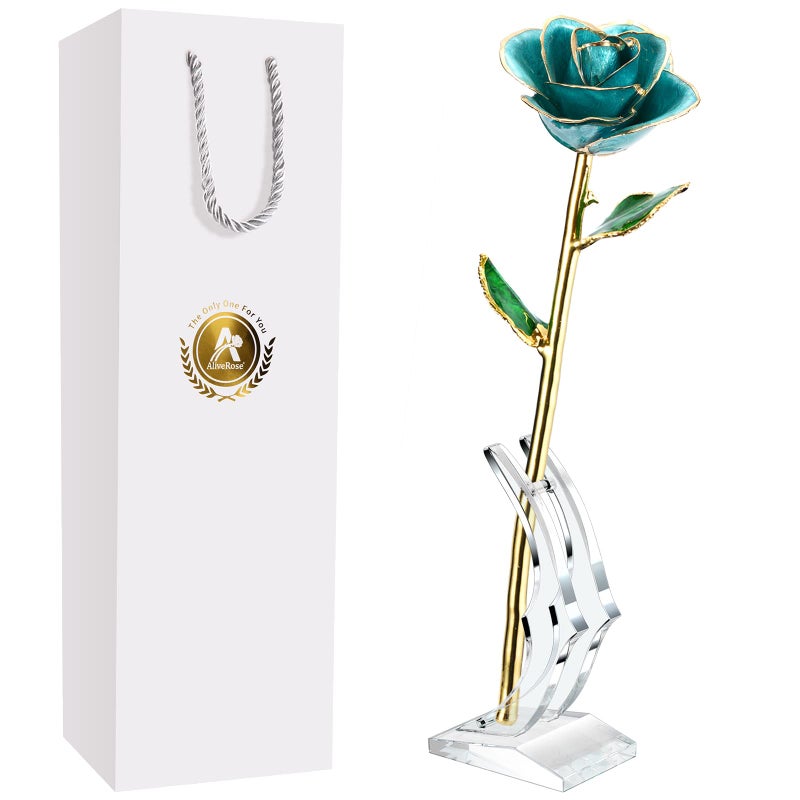 AliveRose Valentines Day Gifts for Wife 24K Gold Rose Made from Real Rose  Unique Design 24K Dipped Rose for Anniversary Valentines Mothers Day Birthday Gifts Teal Blue Rose with Stand