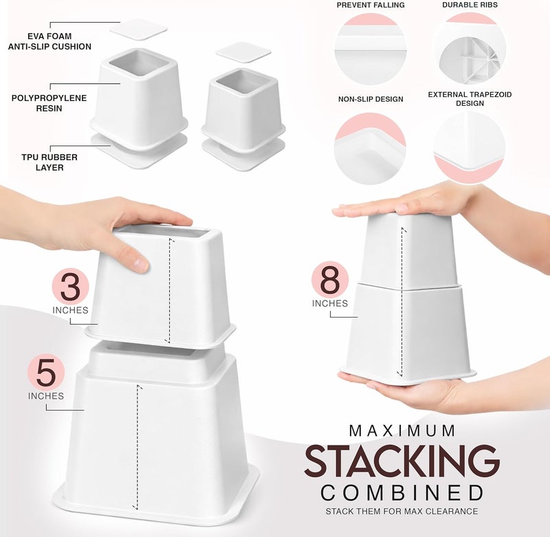 Utopia Bedding Adjustable Bed Furniture Risers - Elevation in Heights 3, 5 or 8 Inch Heavy Duty Risers for Beds and Under Bed Storage - Supports up to 1,300 lbs - (Set of 4 Riser, White) - Image 4