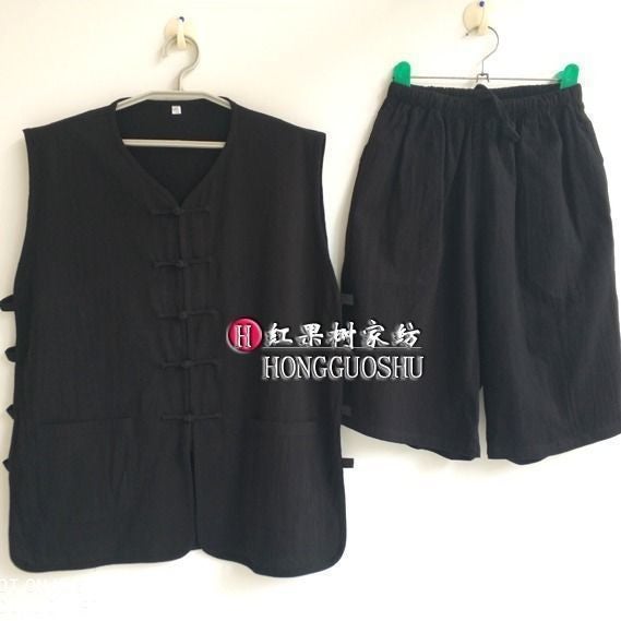 Chinese Style Cotton Linen Vest and Shorts Set for Men Black suit - Image 1