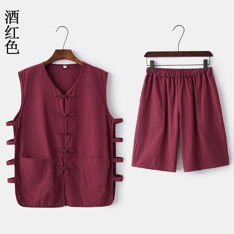 Chinese Style Cotton Linen Vest and Shorts Set for Men Black suit - Image 2